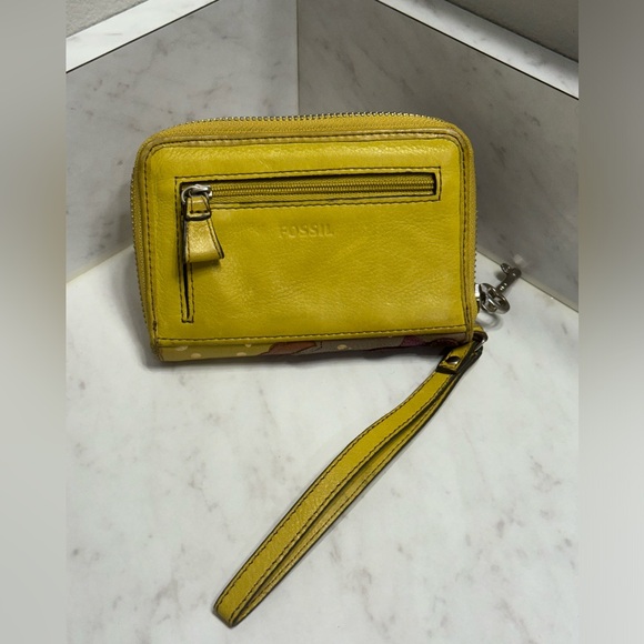 New Vintage Fossil Leather Wristlet Wallet Chartreuse Green Pink & Brown Design - Picture 2 of 11